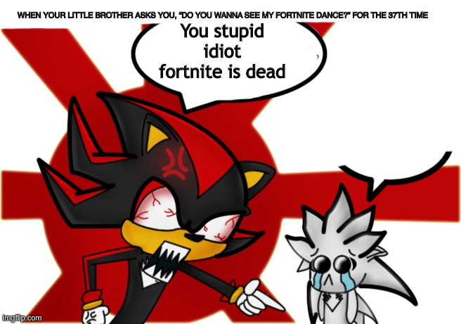 Rip fortnite | WHEN YOUR LITTLE BROTHER ASKS YOU, “DO YOU WANNA SEE MY FORTNITE DANCE?” FOR THE 37TH TIME; You stupid idiot fortnite is dead | image tagged in fortnite memes,shadow the hedgehog,funny memes,silver the hedgehog,dank memes,funny | made w/ Imgflip meme maker