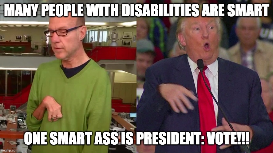 Trump Mocking Disabled Journalist | MANY PEOPLE WITH DISABILITIES ARE SMART; ONE SMART ASS IS PRESIDENT: VOTE!!! | image tagged in trump mocking disabled journalist | made w/ Imgflip meme maker