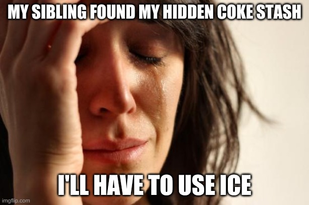 only childs won't understand. | MY SIBLING FOUND MY HIDDEN COKE STASH; I'LL HAVE TO USE ICE | image tagged in memes,first world problems,siblings | made w/ Imgflip meme maker