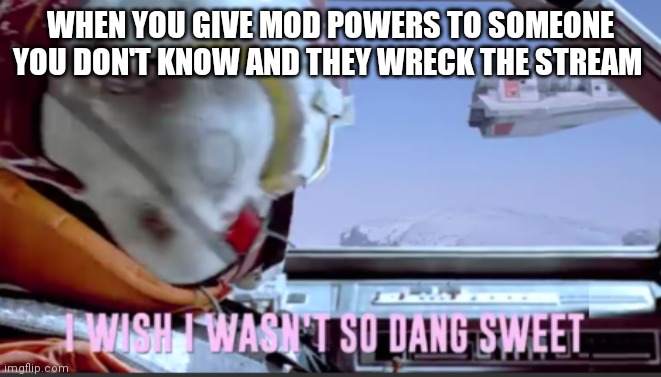 I wish I wasn't so dang sweet | WHEN YOU GIVE MOD POWERS TO SOMEONE YOU DON'T KNOW AND THEY WRECK THE STREAM | image tagged in i wish i wasn't so dang sweet | made w/ Imgflip meme maker