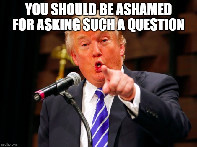 trump point | YOU SHOULD BE ASHAMED FOR ASKING SUCH A QUESTION | image tagged in trump point | made w/ Imgflip meme maker