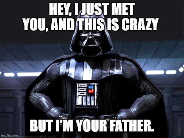 Darth Vader | HEY, I JUST MET YOU, AND THIS IS CRAZY; BUT I'M YOUR FATHER. | image tagged in darth vader | made w/ Imgflip meme maker