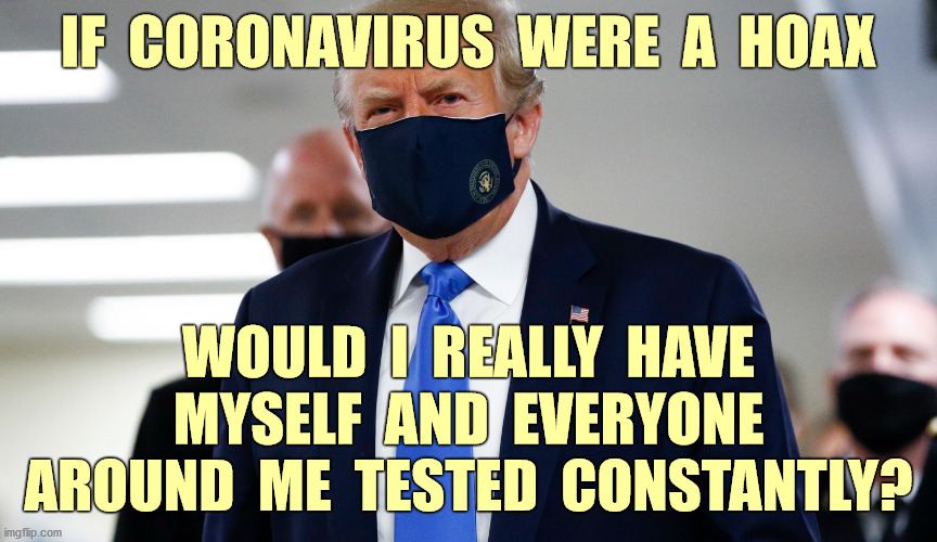 Seriously, why | IF  CORONAVIRUS  WERE  A  HOAX; WOULD  I  REALLY  HAVE  MYSELF  AND  EVERYONE  AROUND  ME  TESTED  CONSTANTLY? | image tagged in donald trump,pandemic,hoax,masks,testing,memes | made w/ Imgflip meme maker