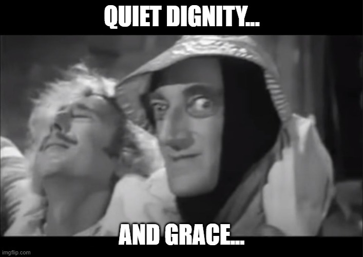 Quiet dignity and grace meme | QUIET DIGNITY... AND GRACE... | image tagged in young frankenstein | made w/ Imgflip meme maker