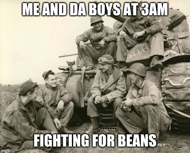 Me and da boys | ME AND DA BOYS AT 3AM; FIGHTING FOR BEANS | image tagged in me and da boys | made w/ Imgflip meme maker