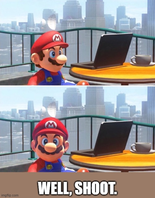 Mario looks at computer | WELL, SHOOT. | image tagged in mario looks at computer | made w/ Imgflip meme maker