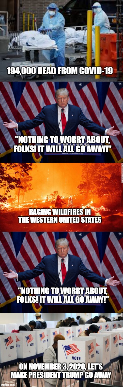 Blood on his hands | 194,000 DEAD FROM COVID-19; "NOTHING TO WORRY ABOUT, FOLKS! IT WILL ALL GO AWAY!"; RAGING WILDFIRES IN THE WESTERN UNITED STATES; "NOTHING TO WORRY ABOUT, FOLKS! IT WILL ALL GO AWAY!"; ON NOVEMBER 3, 2020, LET'S MAKE PRESIDENT TRUMP GO AWAY | image tagged in donald trump,blood on his hands,incompetent | made w/ Imgflip meme maker