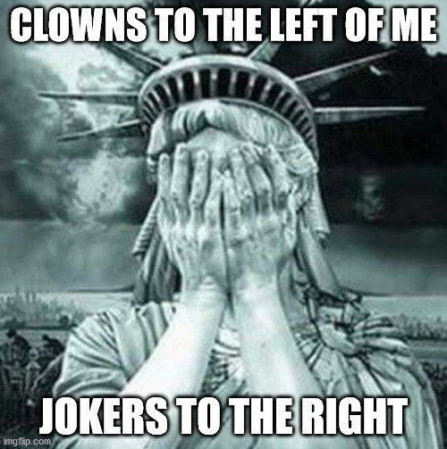 Stuck in the Middle | CLOWNS TO THE LEFT OF ME; JOKERS TO THE RIGHT | image tagged in the statue of liberty weeps | made w/ Imgflip meme maker