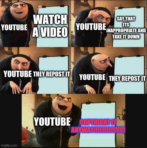 i like crapposting | SAY THAT ITS INAPPROPRIATE AND TAKE IT DOWN; WATCH A VIDEO; YOUTUBE; YOUTUBE; THEY REPOST IT; YOUTUBE; THEY REPOST IT; YOUTUBE; YOUTUBE; COPYRIGHT IT ANYWAY!!!!!!!!!!!!!!!!! | image tagged in gru's plan 5 panel editon | made w/ Imgflip meme maker