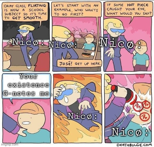 Flirting class | Nicø:; Nicø:; Nicø:; Your existence G-notes me. Nicø:; Nicø: | image tagged in flirting class | made w/ Imgflip meme maker