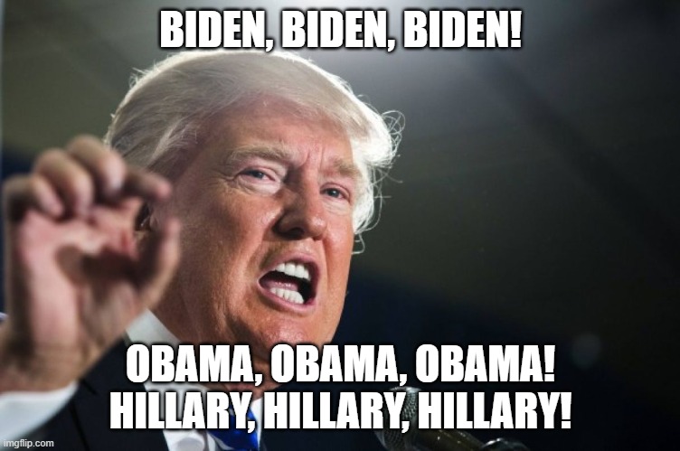 donald trump | BIDEN, BIDEN, BIDEN! OBAMA, OBAMA, OBAMA!
HILLARY, HILLARY, HILLARY! | image tagged in donald trump | made w/ Imgflip meme maker