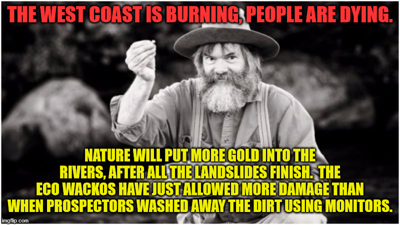 Prospector | THE WEST COAST IS BURNING, PEOPLE ARE DYING. NATURE WILL PUT MORE GOLD INTO THE RIVERS, AFTER ALL THE LANDSLIDES FINISH.  THE ECO WACKOS HAVE JUST ALLOWED MORE DAMAGE THAN WHEN PROSPECTORS WASHED AWAY THE DIRT USING MONITORS. | image tagged in prospector | made w/ Imgflip meme maker