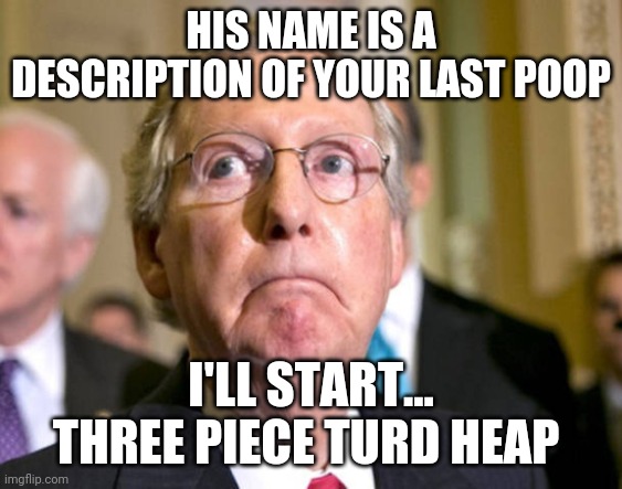 Turdle Head | HIS NAME IS A DESCRIPTION OF YOUR LAST POOP; I'LL START... THREE PIECE TURD HEAP | image tagged in mitch mcconnell | made w/ Imgflip meme maker