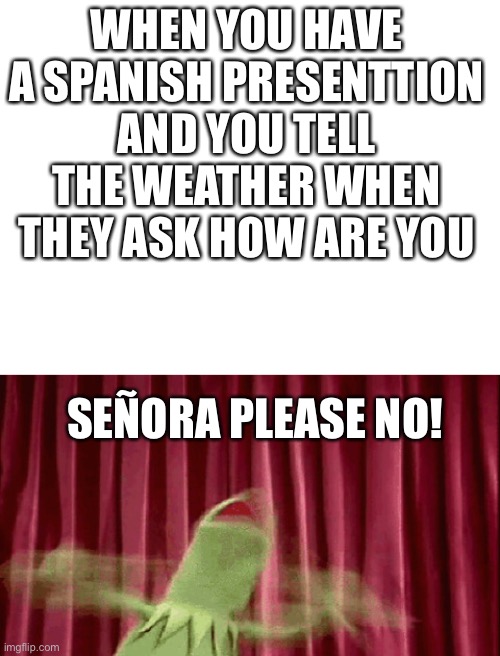 Kermit soanish |  WHEN YOU HAVE A SPANISH PRESENTTION AND YOU TELL THE WEATHER WHEN THEY ASK HOW ARE YOU; SEÑORA PLEASE NO! | image tagged in blank white template,panic kermit | made w/ Imgflip meme maker