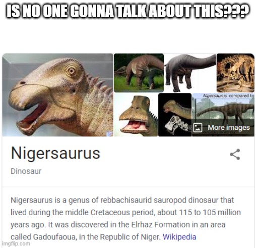 Nigersaurus | IS NO ONE GONNA TALK ABOUT THIS??? | image tagged in nigerian prince,nigga,dinosaur,imgflip,funny | made w/ Imgflip meme maker