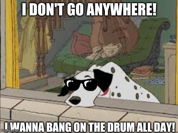 Tired Pongo | I DON'T GO ANYWHERE! I WANNA BANG ON THE DRUM ALL DAY! | image tagged in dogs | made w/ Imgflip meme maker