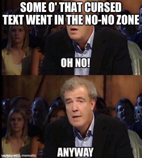 Oh no anyway | SOME O' THAT CURSED TEXT WENT IN THE NO-NO ZONE | image tagged in oh no anyway | made w/ Imgflip meme maker