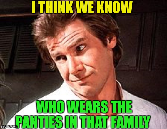 Snarky Solo | I THINK WE KNOW WHO WEARS THE PANTIES IN THAT FAMILY | image tagged in snarky solo | made w/ Imgflip meme maker