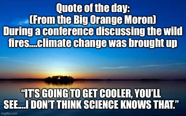 Quote of the Day | Quote of the day:
(From the Big Orange Moron)
During a conference discussing the wild fires....climate change was brought up; “IT’S GOING TO GET COOLER, YOU’LL SEE....I DON’T THINK SCIENCE KNOWS THAT.” | image tagged in inspirational quote,trump,moron,wtf | made w/ Imgflip meme maker
