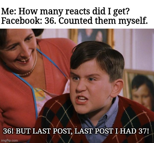 Dudley wants reacts. | Me: How many reacts did I get?
Facebook: 36. Counted them myself. 36! BUT LAST POST, LAST POST I HAD 37! | image tagged in harry potter dudley's birthday,harry potter | made w/ Imgflip meme maker