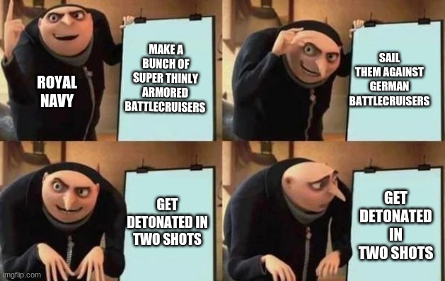 Battle Of Jutland in a nutshell | MAKE A BUNCH OF SUPER THINLY ARMORED BATTLECRUISERS; SAIL THEM AGAINST GERMAN BATTLECRUISERS; ROYAL NAVY; GET DETONATED IN TWO SHOTS; GET DETONATED IN TWO SHOTS | image tagged in gru's plan | made w/ Imgflip meme maker