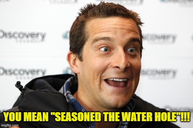 Bear Grylls Approved Food | YOU MEAN "SEASONED THE WATER HOLE"!!! | image tagged in bear grylls approved food | made w/ Imgflip meme maker