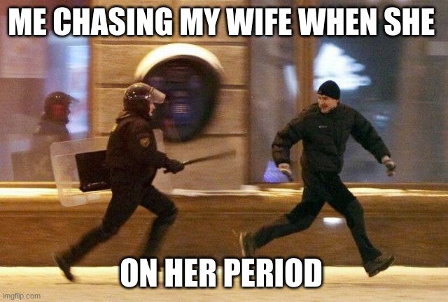 Police Chasing Guy | ME CHASING MY WIFE WHEN SHE; ON HER PERIOD | image tagged in police chasing guy | made w/ Imgflip meme maker