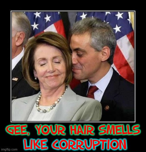 A tender moment between despicable politicians | GEE, YOUR HAIR SMELLS; LIKE CORRUPTION | image tagged in vince vance,nancy pelosi,rahm emanuel,memes,gee your hair smells terrific,corrupt | made w/ Imgflip meme maker