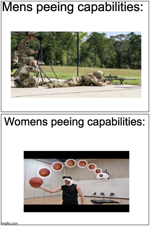 Accuracy | Mens peeing capabilities:; Womens peeing capabilities: | image tagged in memes,blank comic panel 1x2 | made w/ Imgflip meme maker