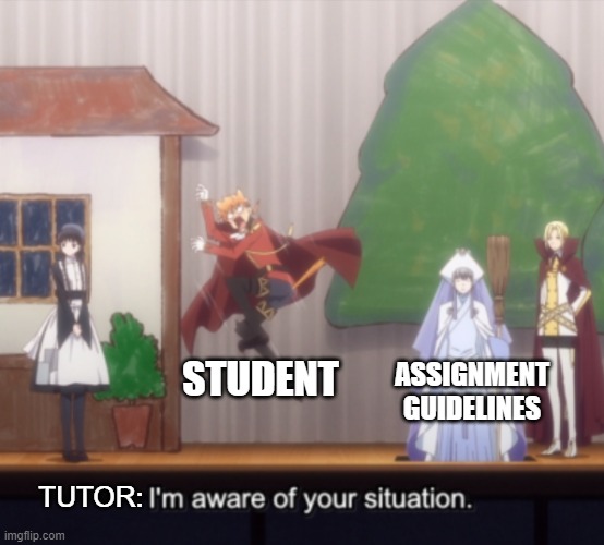 Stupid Assignment Guidelines | STUDENT; ASSIGNMENT GUIDELINES; TUTOR: | image tagged in writing center,writing,tutoring,tutor | made w/ Imgflip meme maker