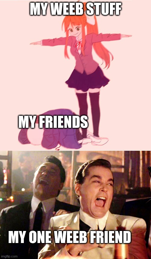 i too enjoy the horror industry | MY WEEB STUFF; MY FRIENDS; MY ONE WEEB FRIEND | image tagged in memes,good fellas hilarious,monika t-posing on sans,anime,weeb,relatable | made w/ Imgflip meme maker