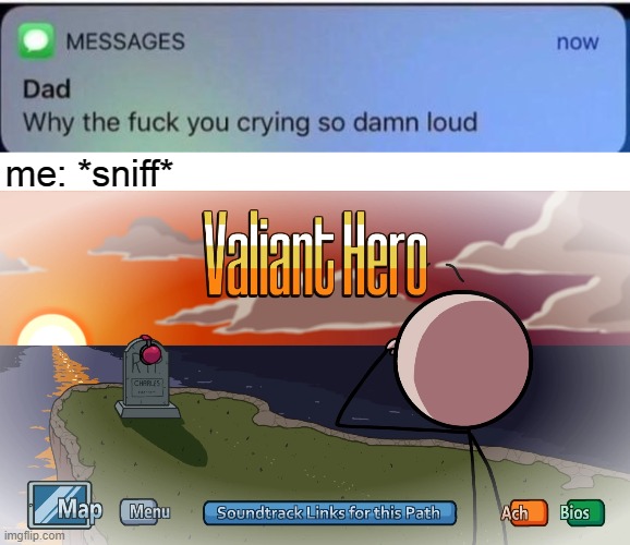 https://youtu.be/qBJsLnp06Q4 *sniff* i just got the valiant hero ending in ctm and can't stop crying rn. | me: *sniff* | image tagged in why are you crying,press f to pay respects,rest in peace charles | made w/ Imgflip meme maker