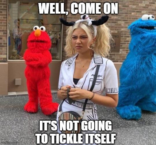Tickle-Me Elmo?  Remember those? | WELL, COME ON; IT'S NOT GOING TO TICKLE ITSELF | image tagged in elmo,tickle me elmo,creepy,funny,sesame street | made w/ Imgflip meme maker