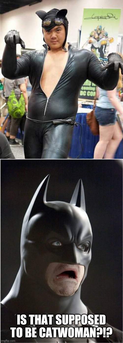 CAT-MAN? | IS THAT SUPPOSED TO BE CATWOMAN?!? | image tagged in batman scared,batman,catwoman,cosplay,cosplay fail | made w/ Imgflip meme maker