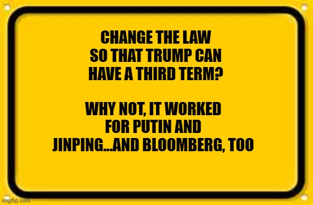 Blank Yellow Sign | CHANGE THE LAW SO THAT TRUMP CAN HAVE A THIRD TERM? WHY NOT, IT WORKED FOR PUTIN AND JINPING...AND BLOOMBERG, TOO | image tagged in memes,blank yellow sign | made w/ Imgflip meme maker