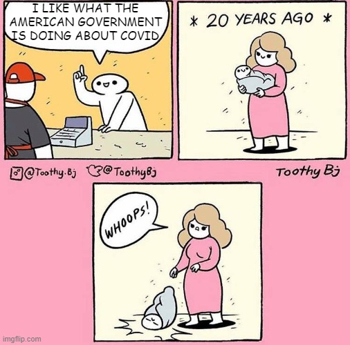 Whoops! Baby | I LIKE WHAT THE AMERICAN GOVERNMENT IS DOING ABOUT COVID | image tagged in whoops baby,america,donald trump,trump,covid19,coronavirus | made w/ Imgflip meme maker