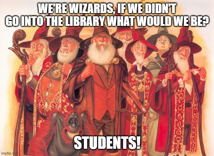 Wizards | WE'RE WIZARDS, IF WE DIDN'T GO INTO THE LIBRARY WHAT WOULD WE BE? STUDENTS! | image tagged in wizards,unseen university | made w/ Imgflip meme maker