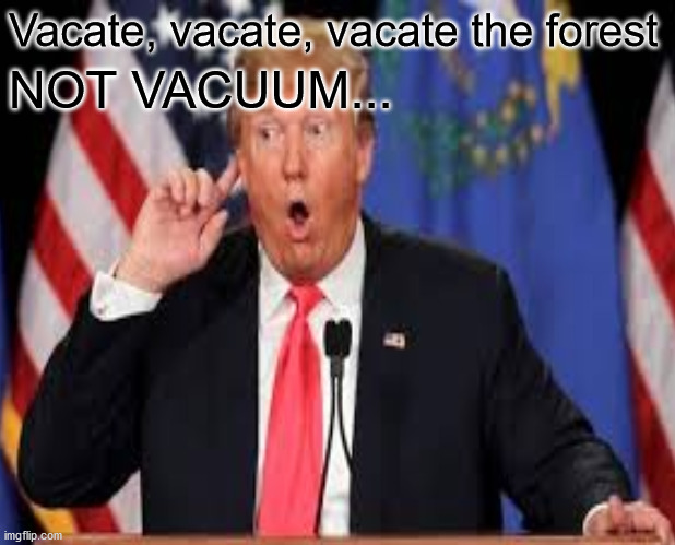 Vacuum the Forest | Vacate, vacate, vacate the forest; NOT VACUUM... | image tagged in california fires,trump,biden,elections2020 | made w/ Imgflip meme maker
