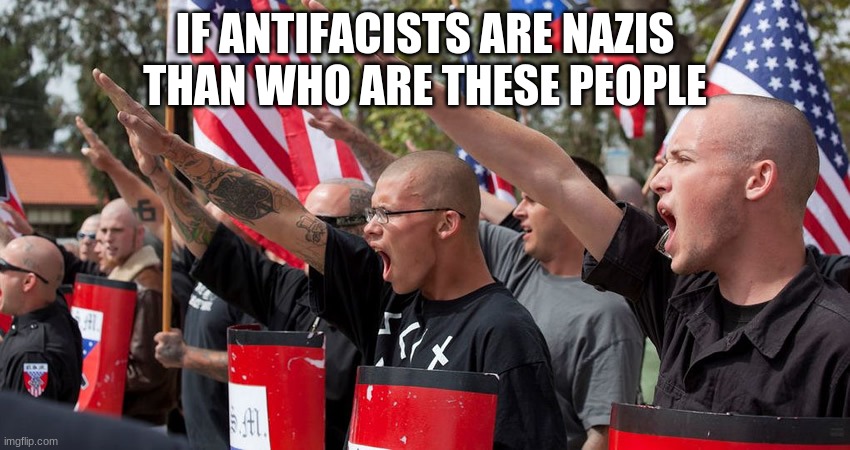 Neo Nazis | IF ANTIFACISTS ARE NAZIS THAN WHO ARE THESE PEOPLE | image tagged in neo nazis | made w/ Imgflip meme maker