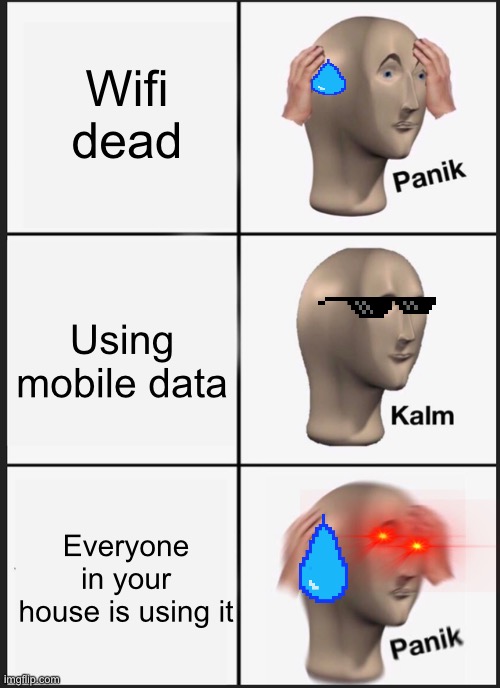 When your wifi is ded | Wifi dead; Using mobile data; Everyone in your house is using it | image tagged in memes,panik kalm panik | made w/ Imgflip meme maker