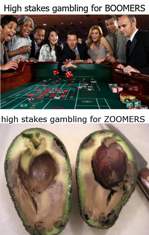 High stakes gambling for BOOMERS; high stakes gambling for ZOOMERS | image tagged in zoomer | made w/ Imgflip meme maker