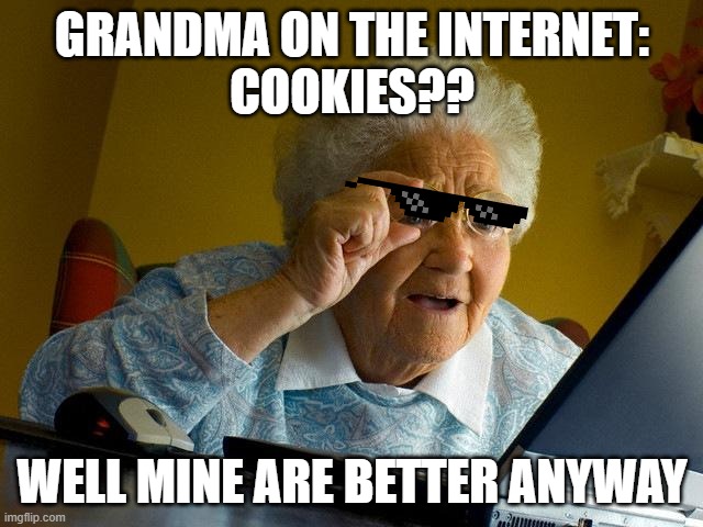 Yess Grandma | GRANDMA ON THE INTERNET:
COOKIES?? WELL MINE ARE BETTER ANYWAY | image tagged in memes,grandma finds the internet,cookies,internet,grandma | made w/ Imgflip meme maker