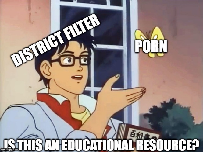 District Filter working as intended | PORN; DISTRICT FILTER; IS THIS AN EDUCATIONAL RESOURCE? | image tagged in anime butterfly meme,school | made w/ Imgflip meme maker
