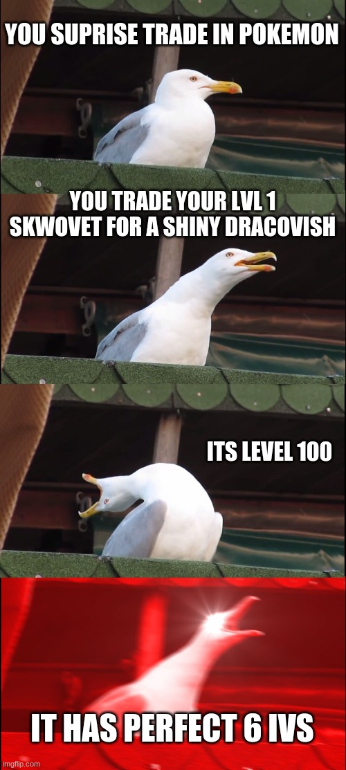 Inhaling Seagull | YOU SUPRISE TRADE IN POKEMON; YOU TRADE YOUR LVL 1 SKWOVET FOR A SHINY DRACOVISH; ITS LEVEL 100; IT HAS PERFECT 6 IVS | image tagged in memes,inhaling seagull | made w/ Imgflip meme maker