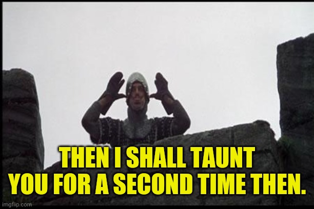 French Taunting in Monty Python's Holy Grail | THEN I SHALL TAUNT YOU FOR A SECOND TIME THEN. | image tagged in french taunting in monty python's holy grail | made w/ Imgflip meme maker