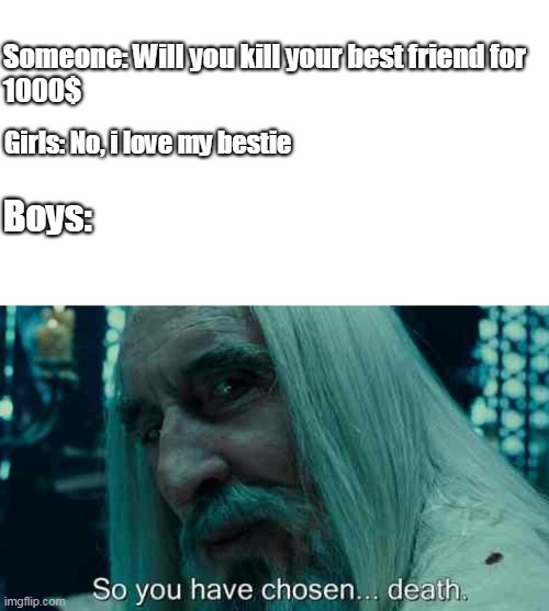 Boys vs girls | Someone: Will you kill your best friend for 
1000$; Girls: No, i love my bestie; Boys: | image tagged in so you have chosen death,memes,boys vs girls | made w/ Imgflip meme maker