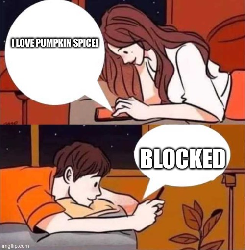 Pumpkin Spice | I LOVE PUMPKIN SPICE! BLOCKED | image tagged in boy and girl texting | made w/ Imgflip meme maker