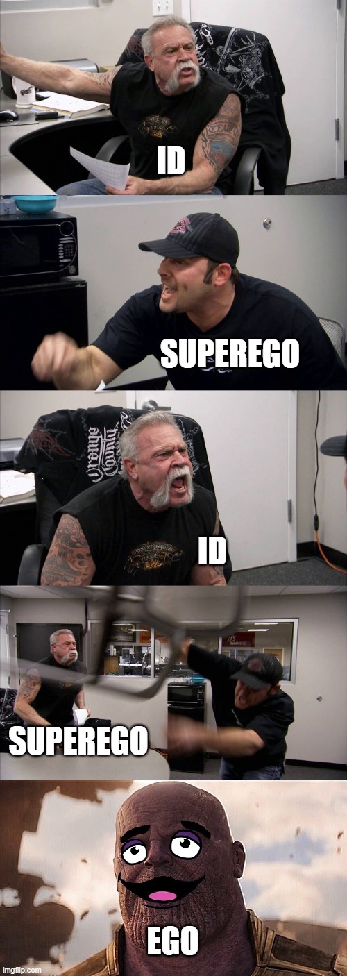 ID,EGO, SUPEREGO | ID; SUPEREGO; ID; SUPEREGO; EGO | image tagged in memes,american chopper argument | made w/ Imgflip meme maker