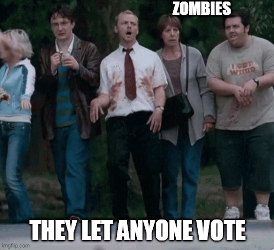 They Let Anyone Vote in a DUHMOCRACY! | ZOMBIES; THEY LET ANYONE VOTE | image tagged in maga | made w/ Imgflip meme maker