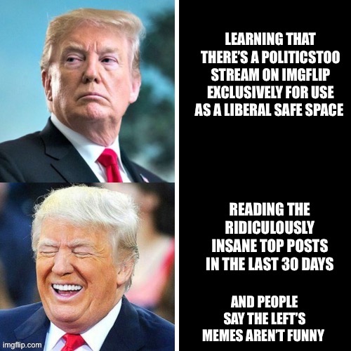 LMAO at PoliticsTOO | LEARNING THAT THERE’S A POLITICSTOO STREAM ON IMGFLIP EXCLUSIVELY FOR USE AS A LIBERAL SAFE SPACE; READING THE RIDICULOUSLY INSANE TOP POSTS IN THE LAST 30 DAYS; AND PEOPLE SAY THE LEFT’S MEMES AREN’T FUNNY | image tagged in trump laughing | made w/ Imgflip meme maker